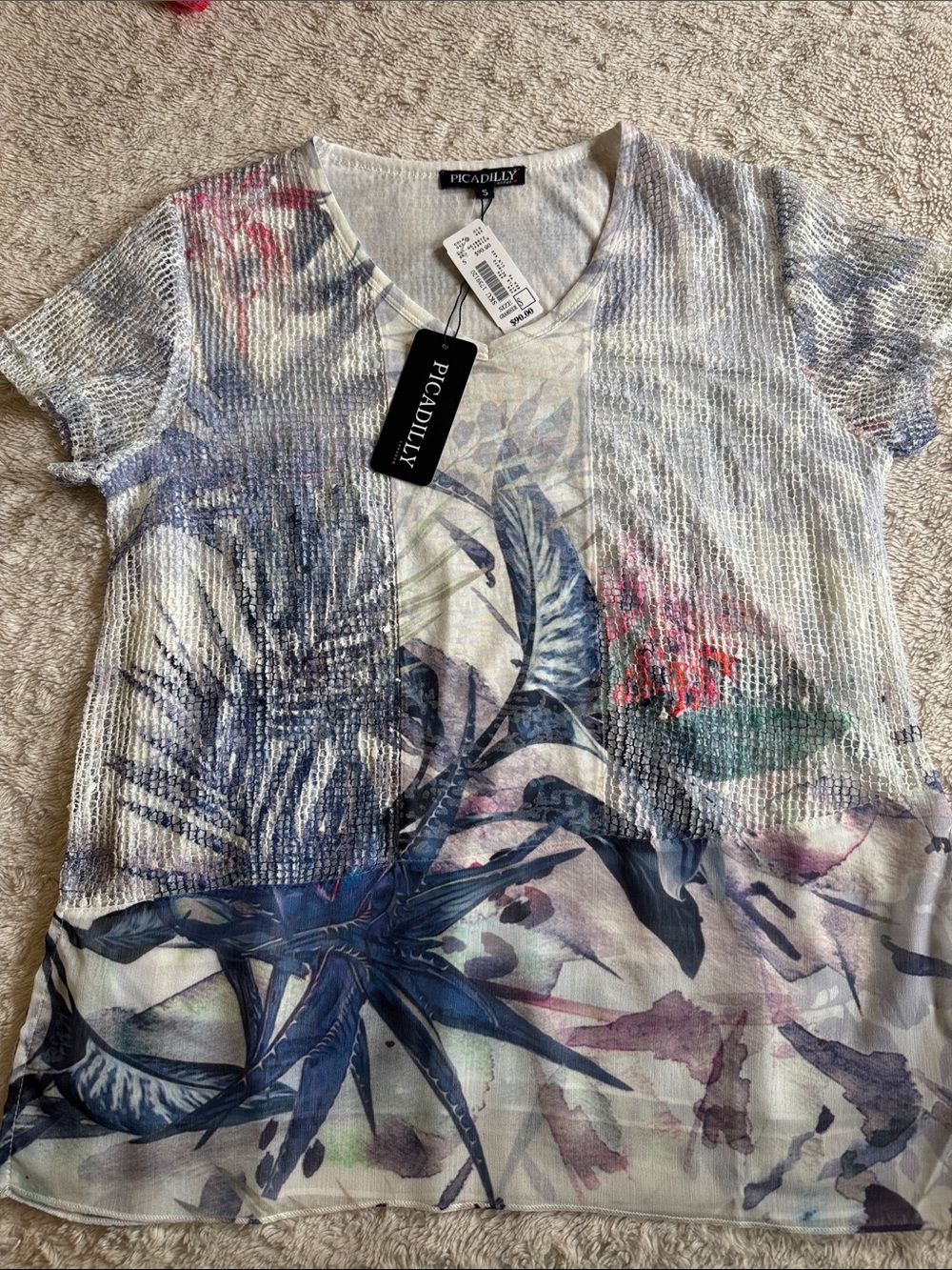 Picadilly Fashion Short Sleeve V-Neck Tropical Floral Top in Blue, Pink, Green